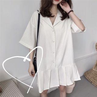 Elbow-sleeve Striped Pleated Dress