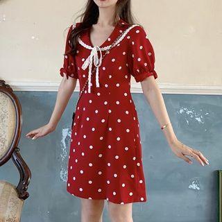 Dotted Short-sleeve Collared A-line Mini Dress