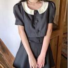 Short-sleeve Collared Blouse / Pleated Mini Skirt