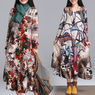 Long-sleeve Print A-line Midi Dress