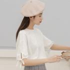 Tie-cuff Elbow-sleeve Plain T-shirt
