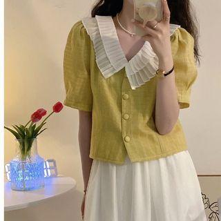 Puff-sleeve Ruffle Collar Blouse Yellow - One Size
