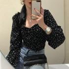 Long-sleeve Floral Print Slim-fit Blouse Black - One Size