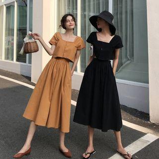 Set Of 2 : Square-neck Short-sleeve Cropped Top + Plain Midi Skirt