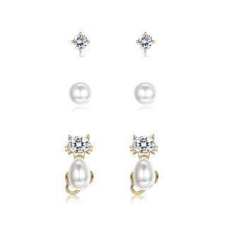 925 Sterling Silver Plated Gold Simple Cute Cat Pearl Three-piece Stud Earrings Golden - One Size