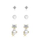 925 Sterling Silver Plated Gold Simple Cute Cat Pearl Three-piece Stud Earrings Golden - One Size