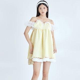 Cold-shoulder Mesh Trim Heart Mini A-line Dress