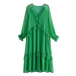 Bell-sleeve Ruffled Maxi A-line Dress
