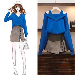 Set: Cold-shoulder Sweater + A-line Skort