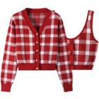 Set: Checkerboard Cardigan + Tank Top Wine Red - One Size
