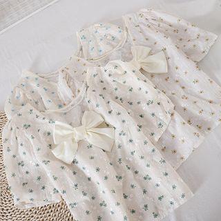 Round-neck Short-sleeve Floral Bow Top