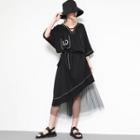 Elbow-sleeve Lace-up Mesh-hem Dress Black - One Size