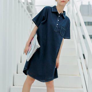 Elbow-sleeve Polo Shirt Dress Navy Blue - One Size