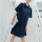 Elbow-sleeve Polo Shirt Dress Navy Blue - One Size