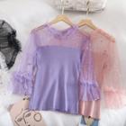 Elbow Sleeve Starry Mesh Panel Knit Top
