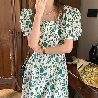 Puff-sleeve Square-neck Floral Slim Fit Dress