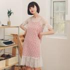 Set: Lace Short Sleeve T-shirt Dress + Plaid Spaghetti Strap Dress