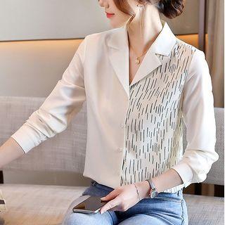 Long-sleeve Open-collar Print Panel Shirt