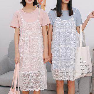 Set : Plain Short-sleeve T-shirt Dress + Lace Spaghetti Strap Dress