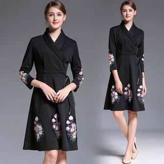 3/4 Sleeve Embroidery Gather-waist Dress