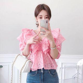 V-neck Ruffle-trim Eyelet-lace Top