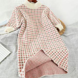 Elbow-sleeve Houndstooth Midi Knit Dress Pink - One Size