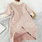 Elbow-sleeve Houndstooth Midi Knit Dress Pink - One Size