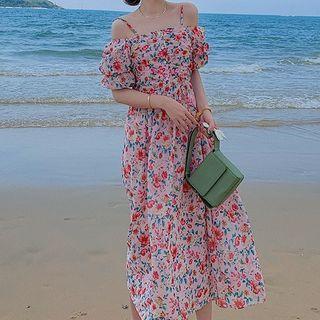 Short-sleeve Cold Shoulder Floral Print Midi A-line Dress Floral - Pink - One Size