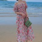 Short-sleeve Cold Shoulder Floral Print Midi A-line Dress Floral - Pink - One Size