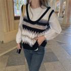 Long-sleeve Lace Ruffle Blouse / Jacquard Knit Vest