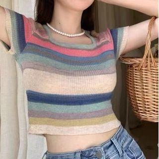 Short-sleeve Square-neck Striped Ribbed Knit Top