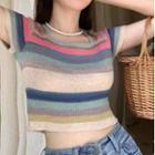Short-sleeve Square-neck Striped Ribbed Knit Top