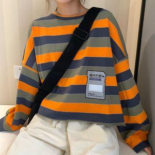 Label Print Striped Cropped Pullover Stripe - Orange & Blue & Green - One Size