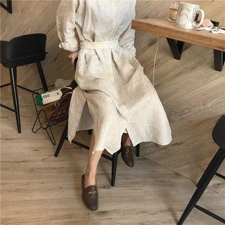 Striped Long-sleeve Midi Stand Collar Shirt Dress