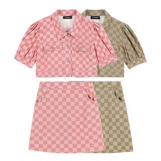 Set: Short-sleeve Plaid Denim Jacket + Skirt