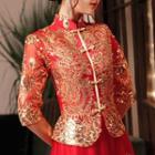 Short-sleeve Dragon Embroidered Qipao Wedding Dress