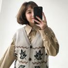 V-neck Leaf Print Knit Vest