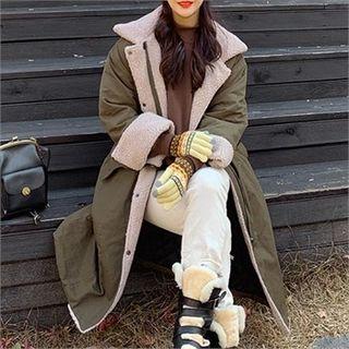 Buckle-neck Fleece-trim Parka Khaki - One Size
