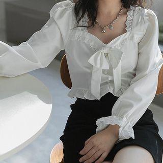 Square Neck Plain Long-sleeve Crop Shirt