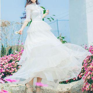 Short-sleeve Tie-waist Frill Plain Slim Mesh Dress
