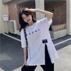 Crew-neck Plain Printed Letter Split Oversize Tee