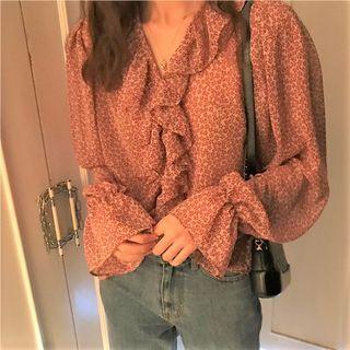 Long-sleeve Ruffle Leopard Print Blouse