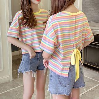 Short-sleeve Striped Drawstring Back Tee