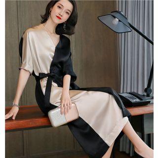 Elbow-sleeve Color Block Mini Satin Dress
