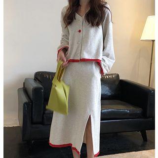 Set: Contrast-trim Knit Cardigan + Midi Skirt
