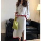 Set: Contrast-trim Knit Cardigan + Midi Skirt