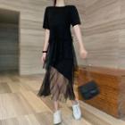 Sheer Panel Short-sleeve Midi A-line Dress Black - One Size