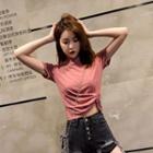 Short-sleeve Sequined Front Knot Crop T-shirt