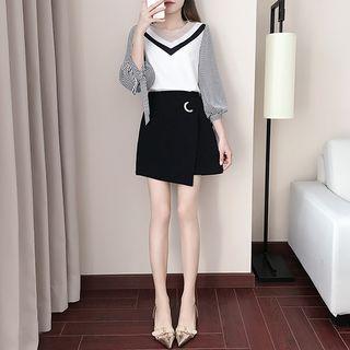 Set: V-neck Striped Trim Blouse + High-waist A-line Skirt