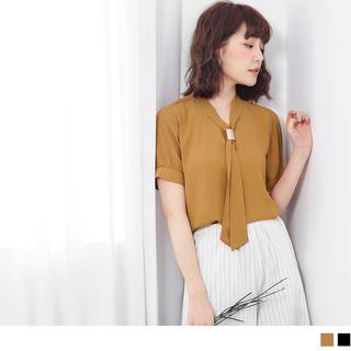Fold-up Short Sleeve Neck-tie Chiffon Top